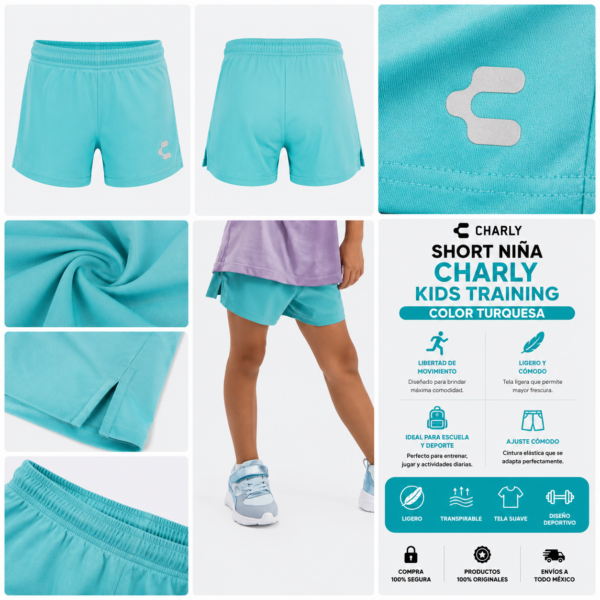 ChatGPT Image 10 jun 2026, 11_27_49 p.m. Short Deportivo Charly Kids Training Color Turquesa para Niña