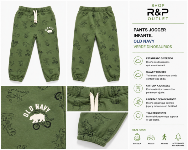 old navu verde Pants Jogger Infantil Old Navy Verde Dinosaurios con Cordón Ajustable